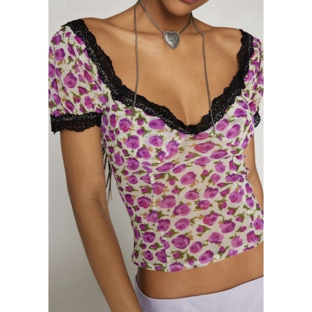NWOT Kimchi Blue Blake Puff Sleeve Mesh Top M Purple Rose & Black UO Coquette